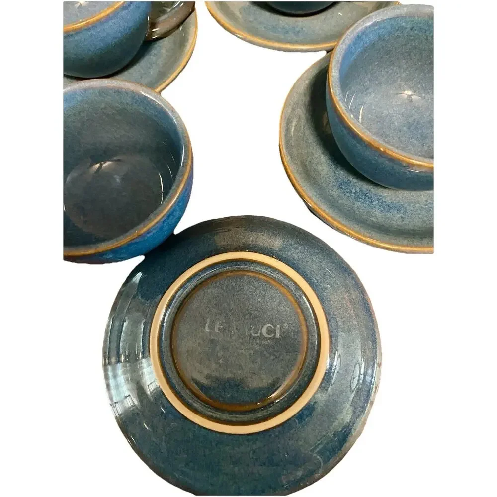 Le Tauci 4 Cappuccino Cups Mugs with Matching Saucers Set Ceramic Ceylon Blue